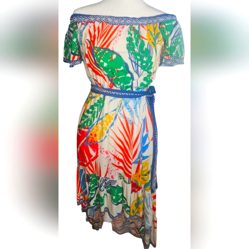 Flying Tomato Off Shoulder Hi-Lo Belted Tropical Hawaiian Vacation Dress Small